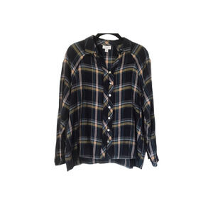 J Jill Top Womens Size XS Blue Green Plaid Long Sleeve Button Up Collard V-neck